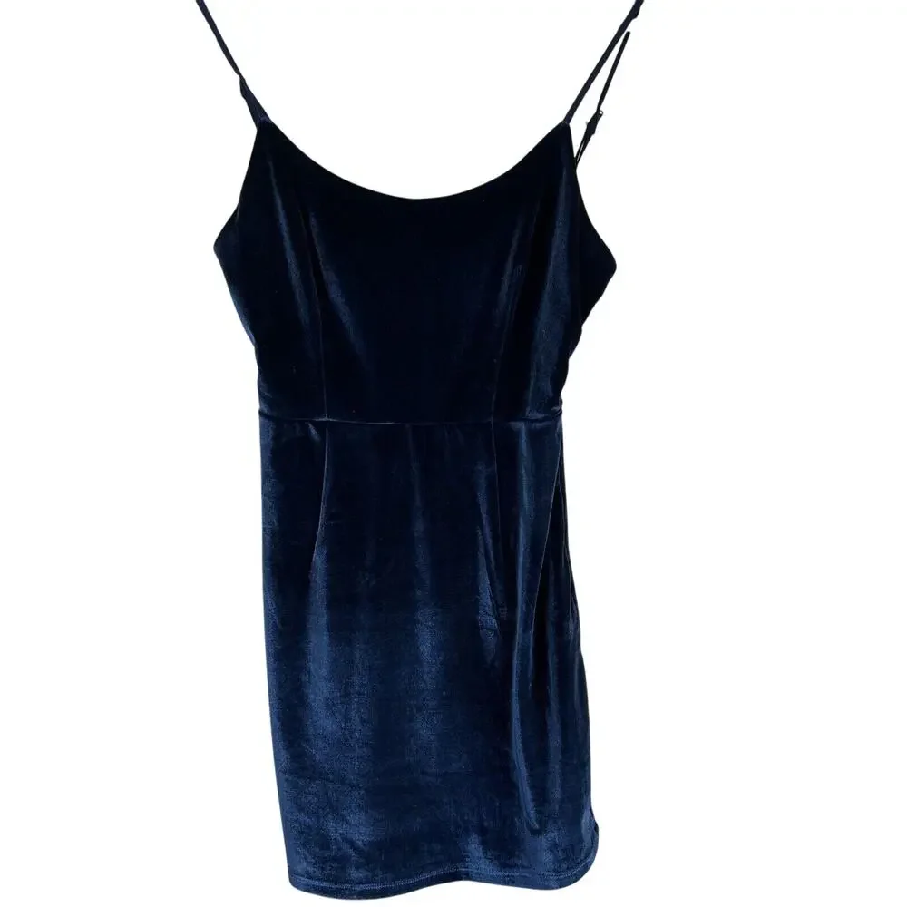 NBD Lauren Bodycon Dress Blue Velvet‎ Mini Party Open Back Whimsy Goth
